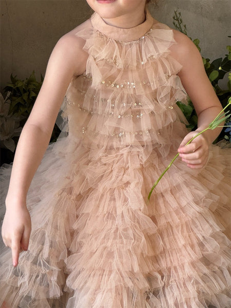 Champagne gold layered tulle tutu flower girl dress with pearl detail, luxury flower girl gown Australia.