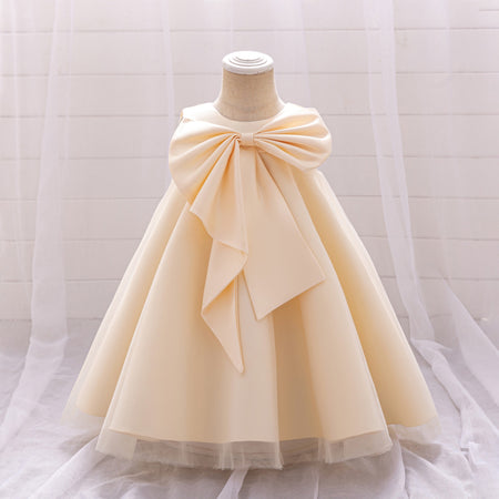 Champagne bow flower girl gown with layered tulle, luxury flower girl dress Australia.