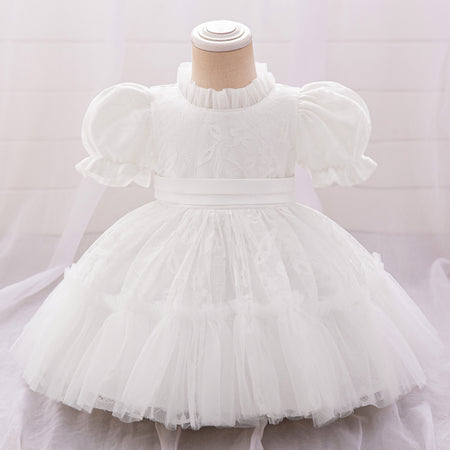 White puff sleeve flower girl gown with layered tulle, classic flower girl dress Australia