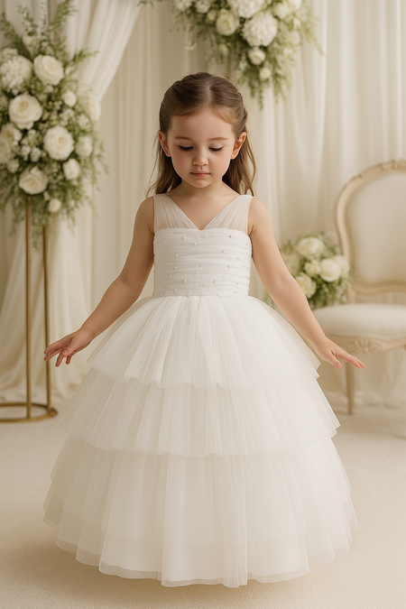 Girl in white layered tulle flower girl dress with pearl detail, elegant flower girl gown Australia for weddings.