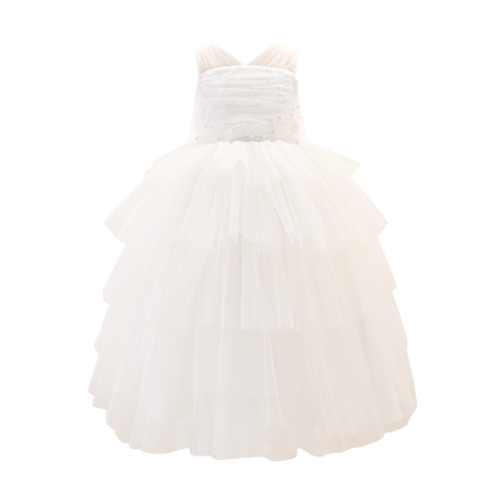 White pearl embellished layered flower girl gown, luxury flower girl dress Australia.