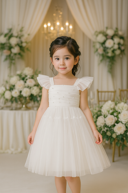 Girl in white short tutu flower girl dress with pearl detail and flutter sleeves, elegant flower girl outfit Australia.