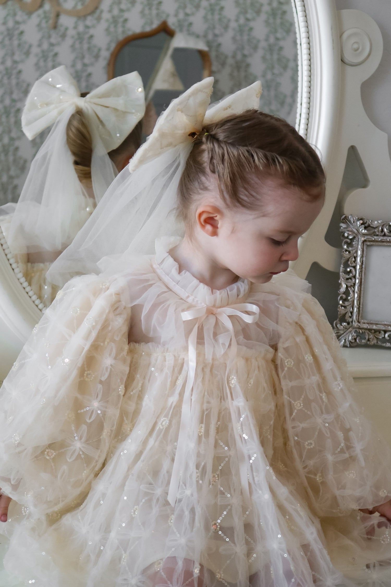 Pretty champagne puff sleeve flower girl gown with bow tie, elegant flower girl dress Australia.