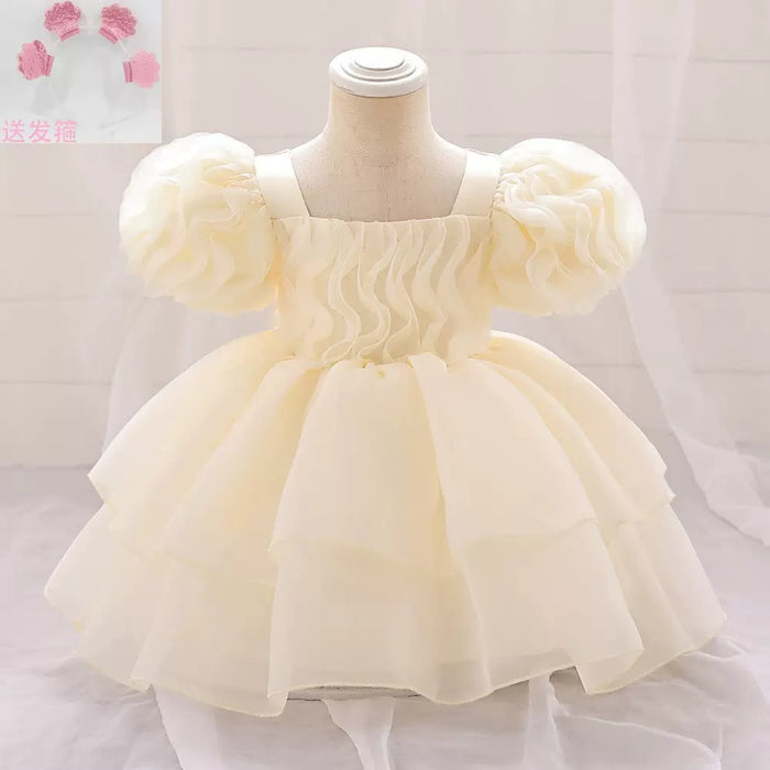 Daisy Ruffled Puff Sleeve Organza Dress (Beige)
