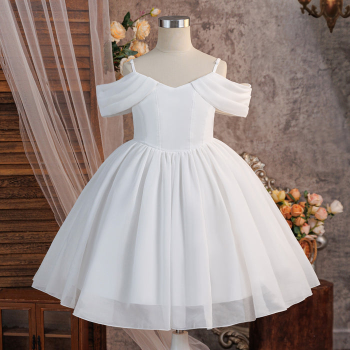 White Off Shoulder Year 6 Graduation Dress for Girls