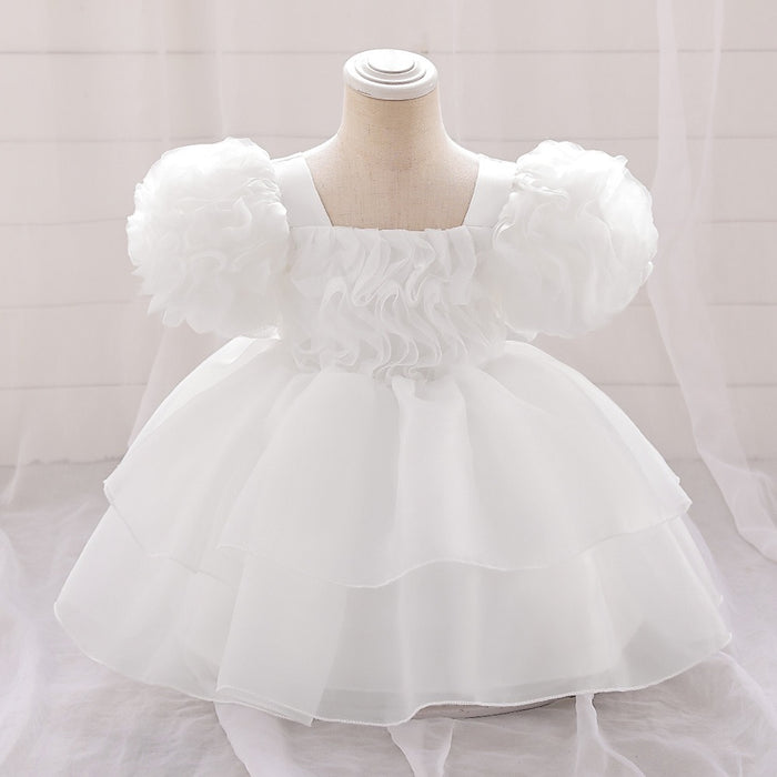Daisy Organza Puff Sleeve Dress – White Birthday