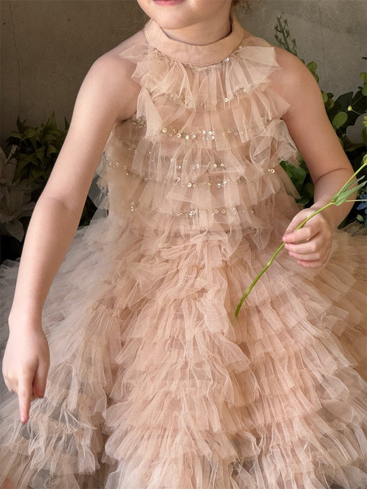 Hayley Tulle Ruffle Halter Dress – Sequin Birthday Flower Girl