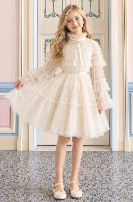 Girl wearing the Amelie long sleeve ivory tulle dress