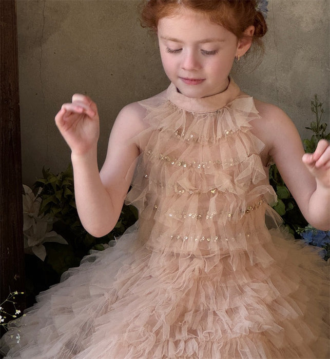 Hayley Tulle Ruffle Halter Dress – Sequin Birthday Flower Girl