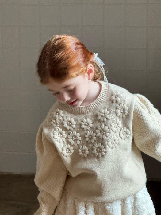 Daisy Knit Puff Sweater – Cream Flower Winter
