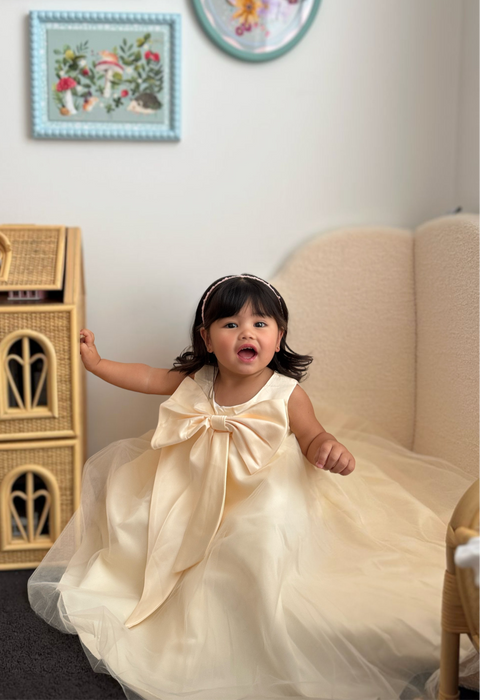 Leah Champagne Satin Bow Dress