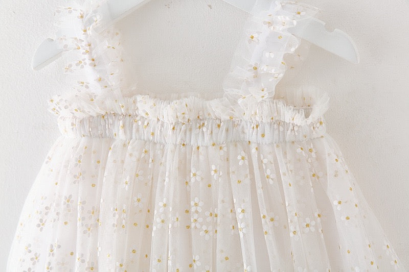 White Baby Dress with Floral Tulle – Newborn & Infant