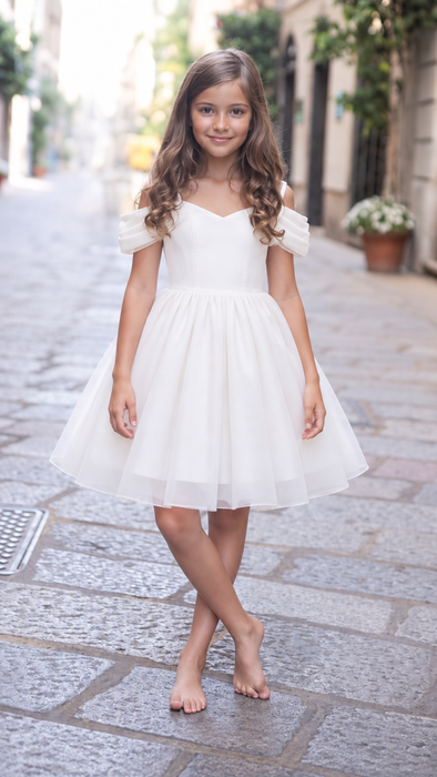 White Off Shoulder Year 6 Graduation Dress for Girls