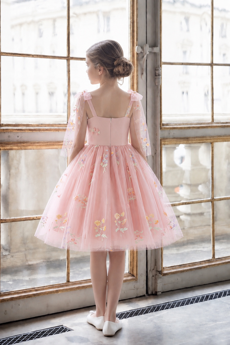 Pink Floral Tulle Year 6 Graduation Dress for Girls