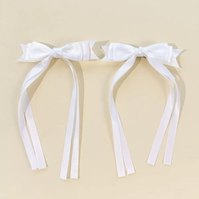 White Long Tail Satin Hair Bows for Girls