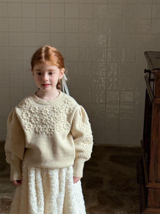 Daisy Knit Puff Sweater – Cream Flower Winter