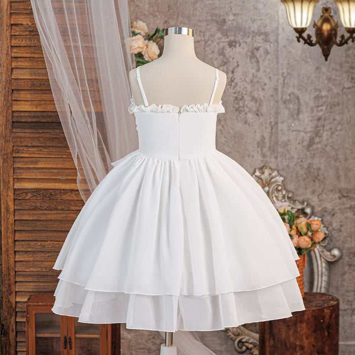 White Ruffle Bow Graduation Dress for Girls