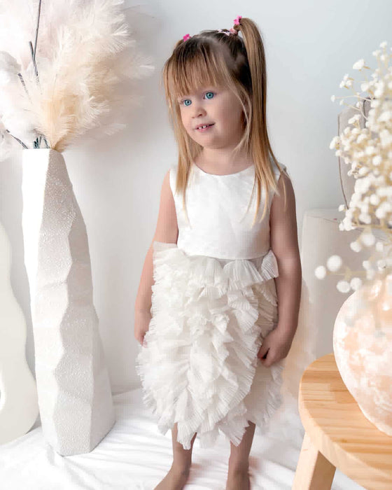 Elara White Ruffle Tulle Bow Dress
