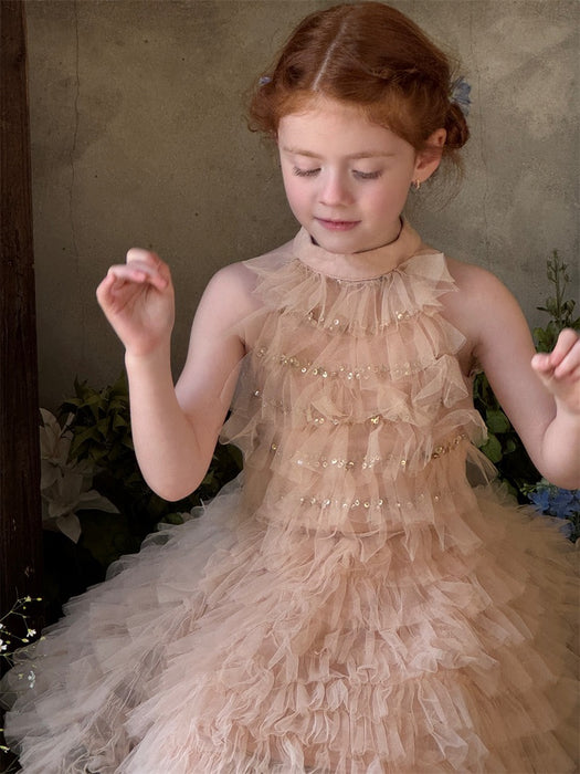 Hayley Tulle Ruffle Halter Dress – Sequin Birthday Flower Girl