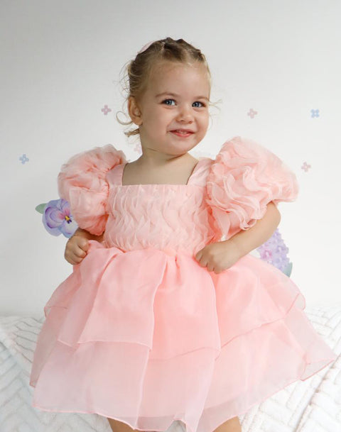 Daisy Ruffled Puff Sleeve Organza Dress(PRE ORDER TWO WEEKS)