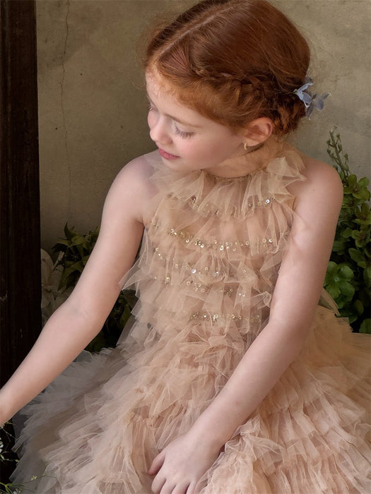 Hayley Tulle Ruffle Halter Dress – Sequin Birthday Flower Girl
