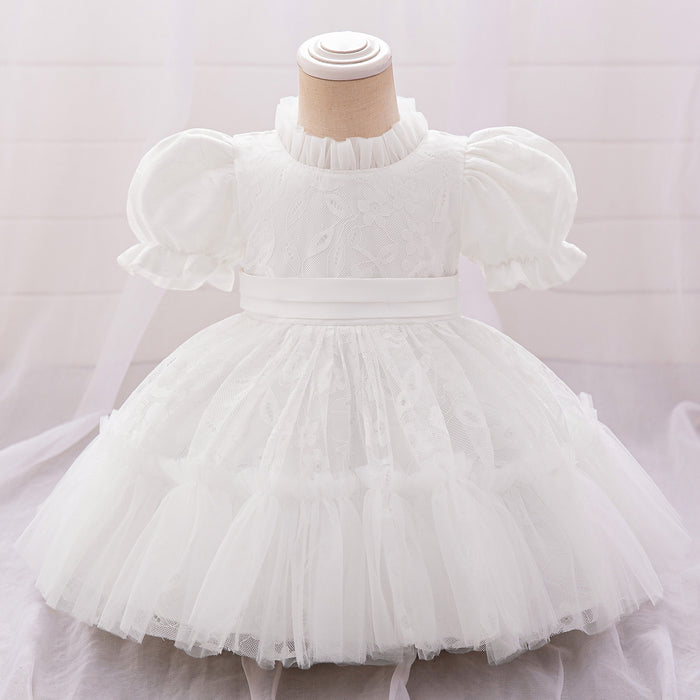 Lily Lace Puff Sleeve Dress – White Christening Birthday
