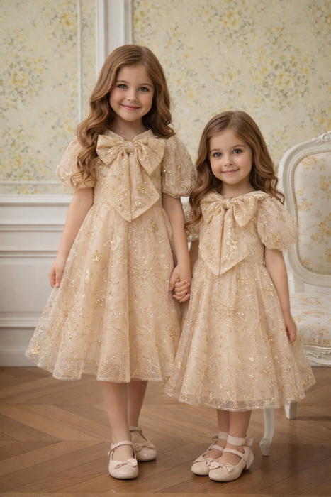 Amara Gold Tulle Embellished Bow Dress PRE ORDER