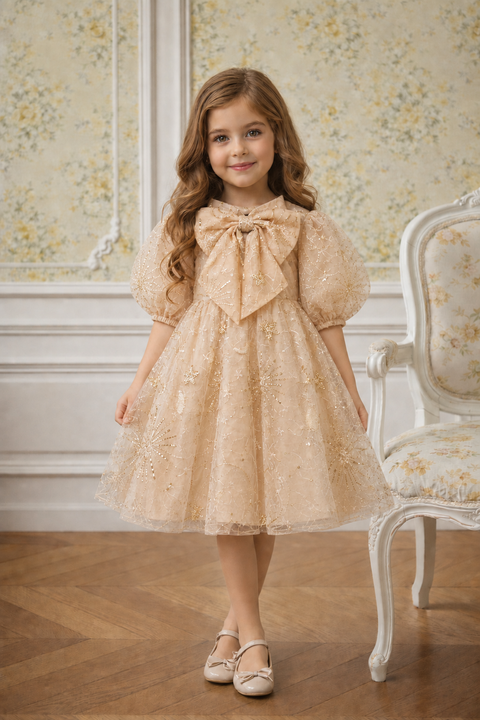 Amara Gold Puff Sleeve Christmas Dress for Girls(PRE ORDER OCT)