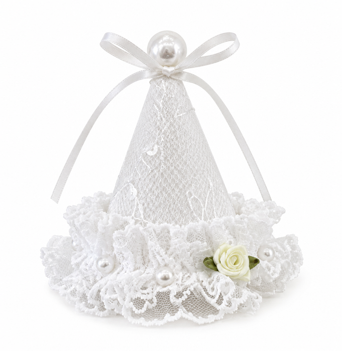White Lace Birthday Party Hat with Pearls