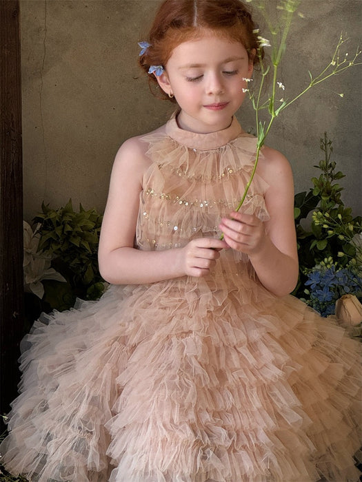 Hayley Tulle Ruffle Halter Dress – Sequin Birthday Flower Girl