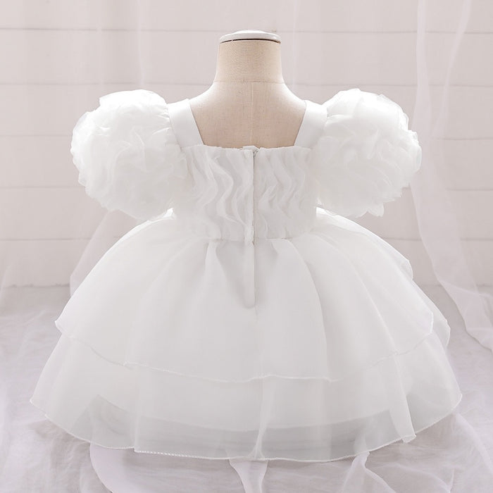 Daisy Organza Puff Sleeve Dress – White Birthday