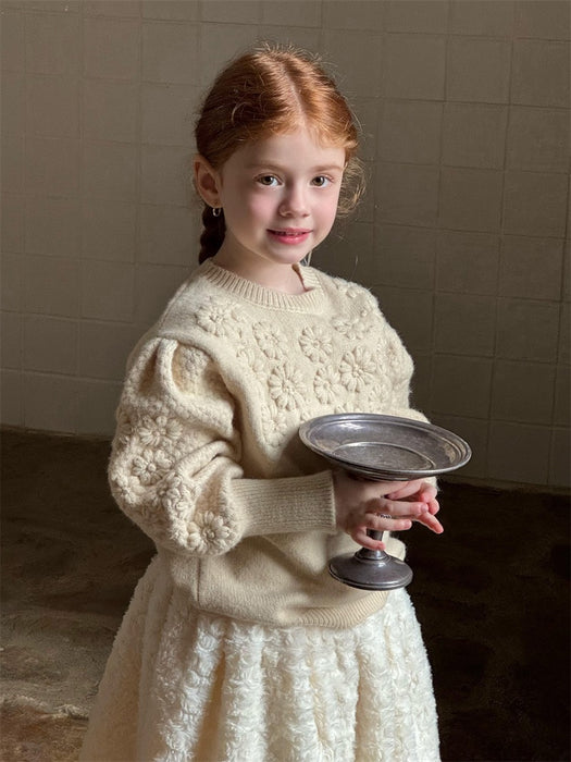 Daisy Knit Puff Sweater – Cream Flower Winter