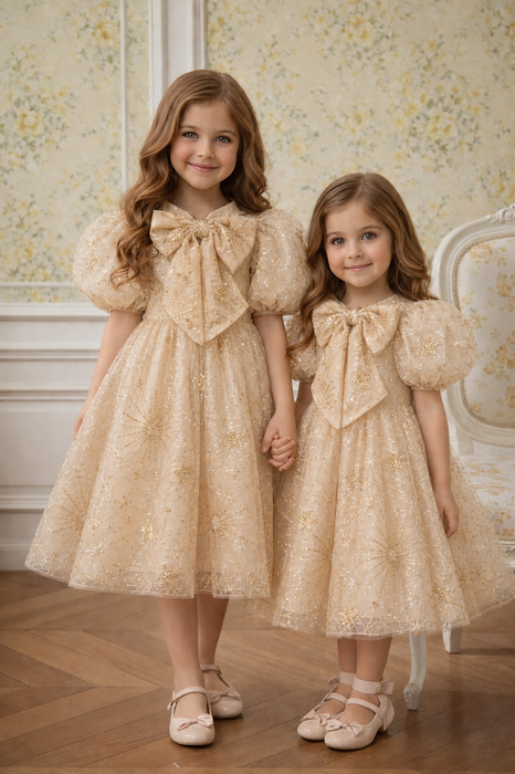 Amara Gold Puff Sleeve Christmas Dress for Girls(PRE ORDER OCT)