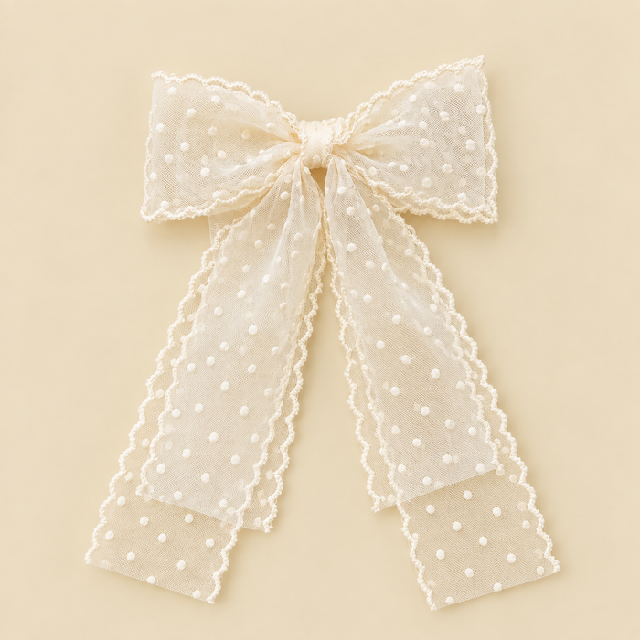 White Polka Dot Tulle Hair Bow for Girls