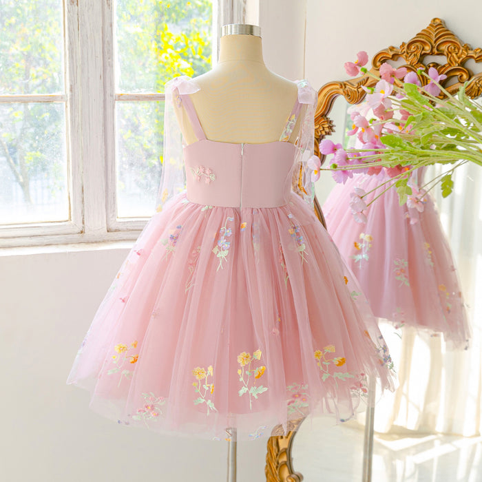 Pink Floral Tulle Year 6 Graduation Dress for Girls