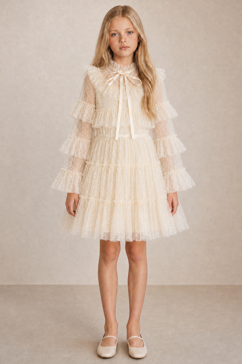 Girl wearing an ivory white long sleeve tulle party dress with tiered ruffles
