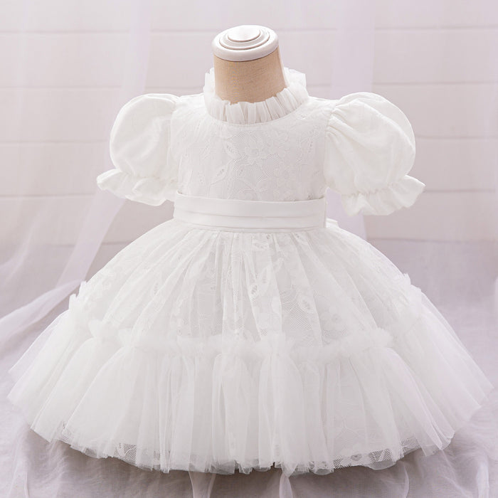 Lily Lace Puff Sleeve Dress – White Christening Birthday