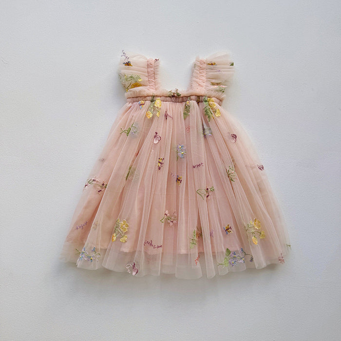 Amelia Embroidered Tulle Dress – Pink Floral Party Dress for Girls