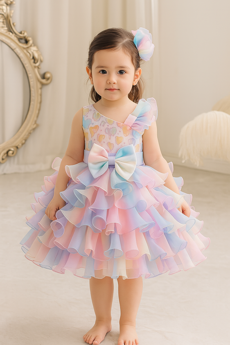 Evie Pastel Rainbow Organza Ruffle Dress