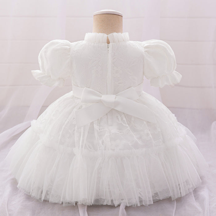 Lily Lace Puff Sleeve Dress – White Christening Birthday