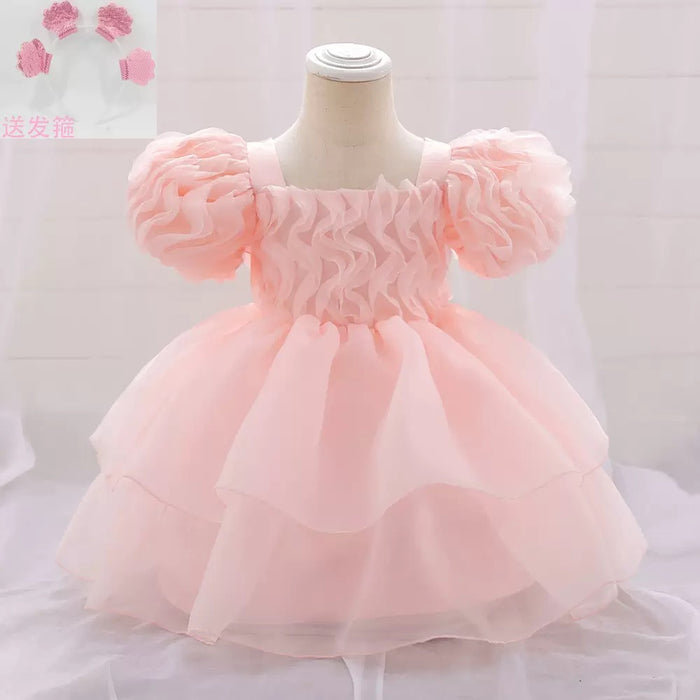 Daisy Ruffled Puff Sleeve Pink Organza Dress