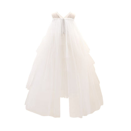 Back view of white layered tulle flower girl gown with pearls, elegant flower girl dress Australia.