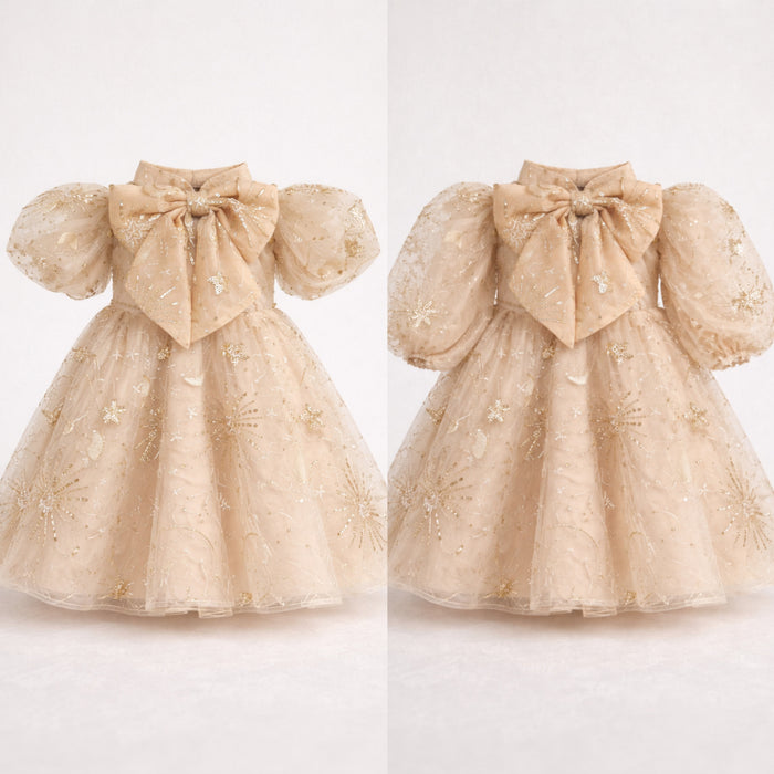 Amara Gold Tulle Embellished Bow Dress（PRE ORDER）
