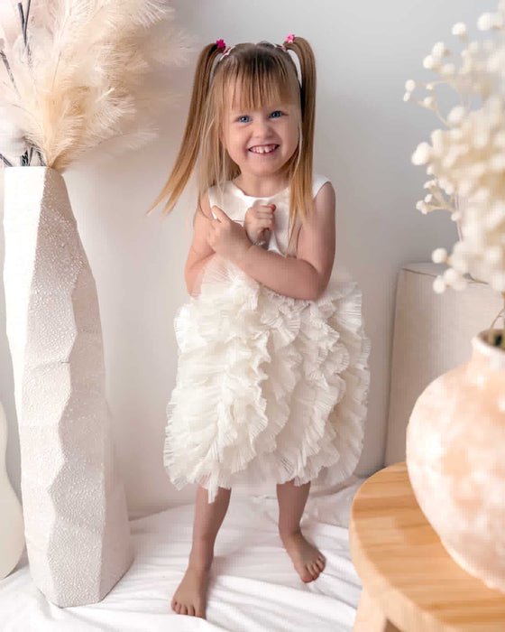 Elara White Ruffle Tulle Bow Dress