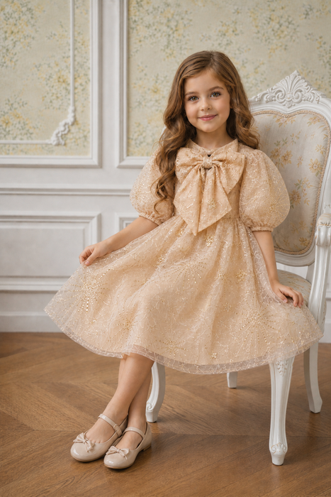 Amara Gold Puff Sleeve Christmas Dress for Girls(PRE ORDER OCT)