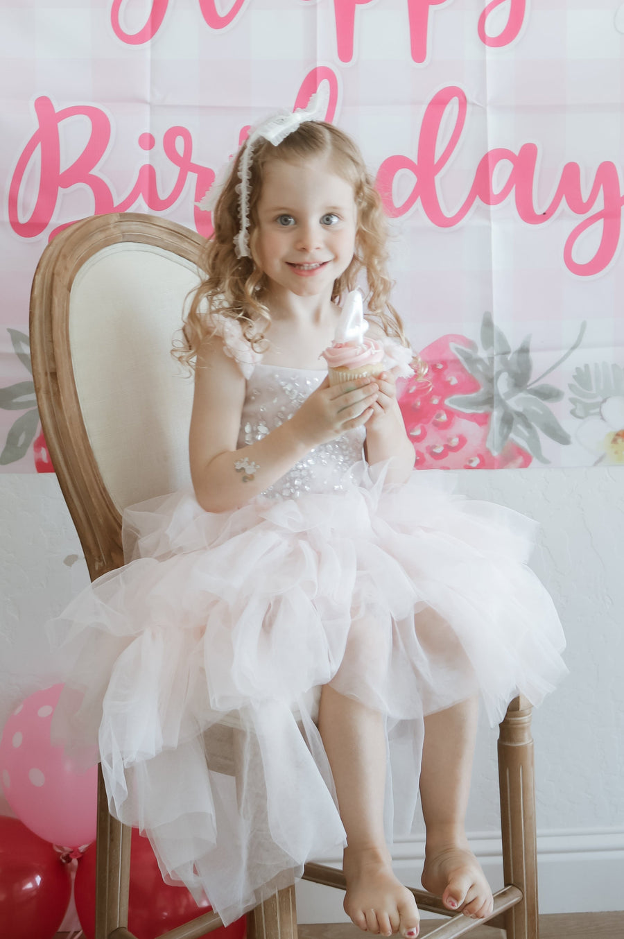 Girl in pink layered tutu birthday dress, elegant birthday dress for girls Australia.