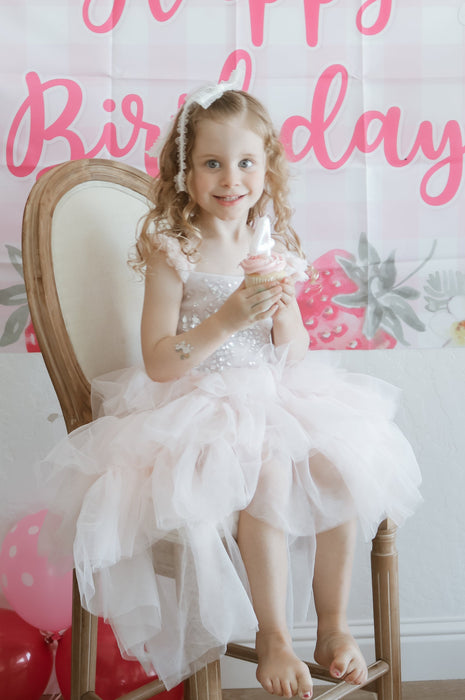 Girl in pink layered tutu birthday dress, elegant birthday dress for girls Australia.