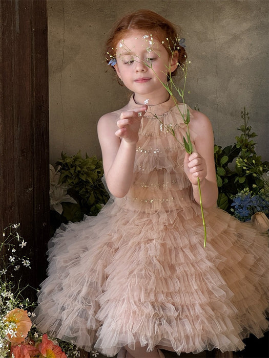 Hayley Tulle Ruffle Halter Dress – Sequin Birthday Flower Girl