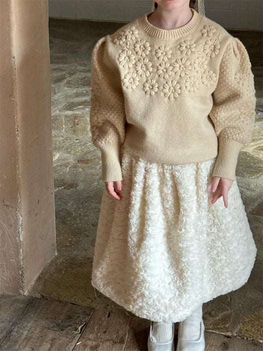 Daisy Knit Puff Sweater – Cream Flower Winter