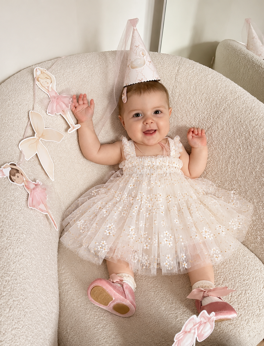White Baby Dress with Floral Tulle – Newborn & Infant